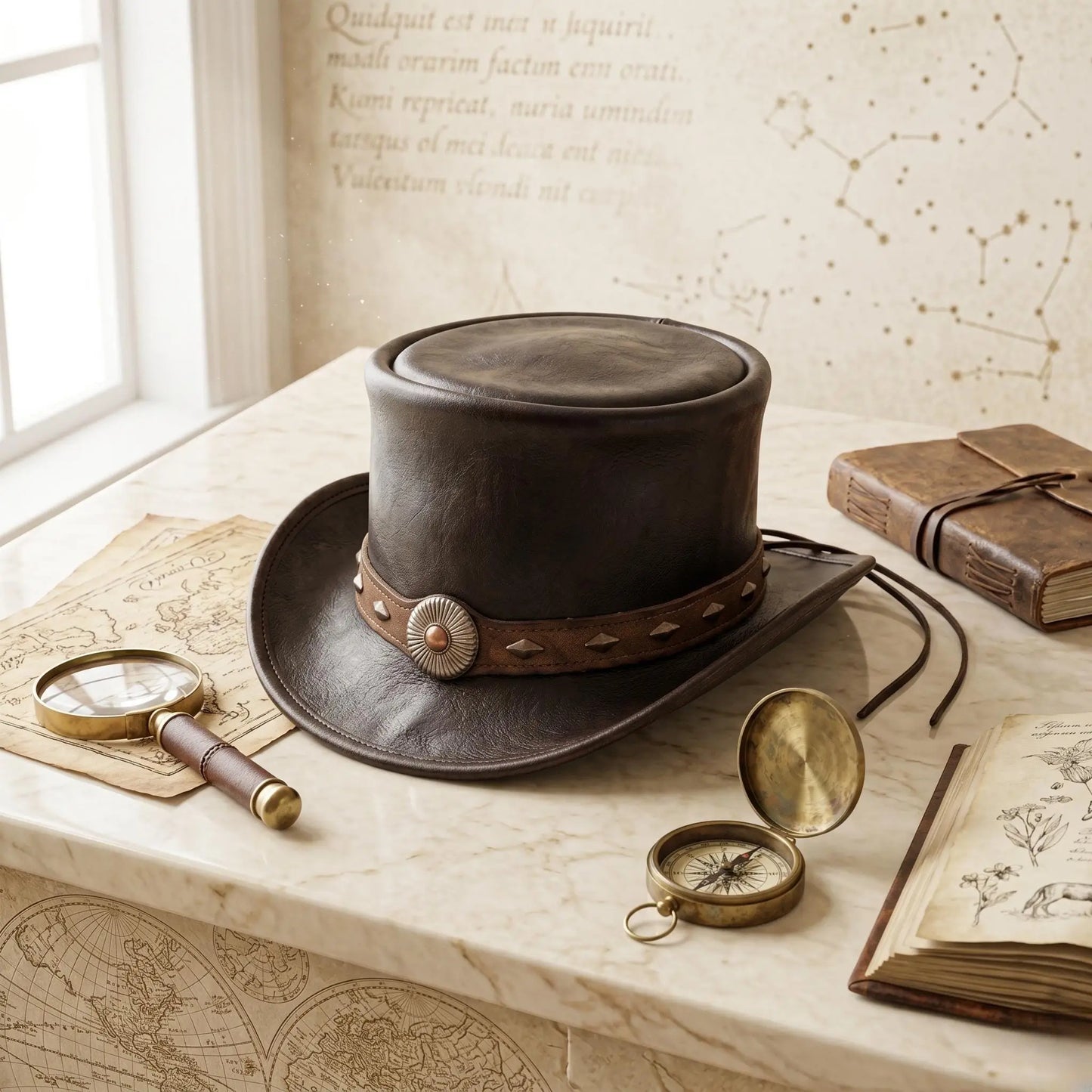 Handmade Black Leather Western Top Hat