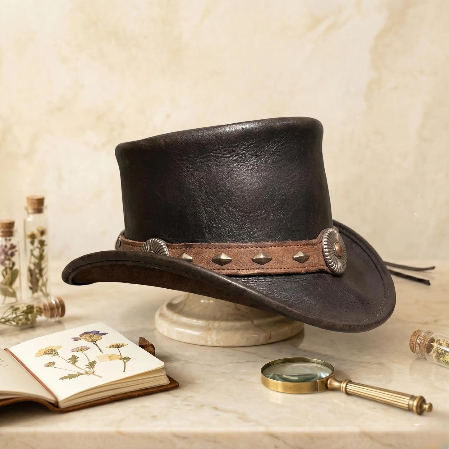 Handmade Black Leather Western Top Hat