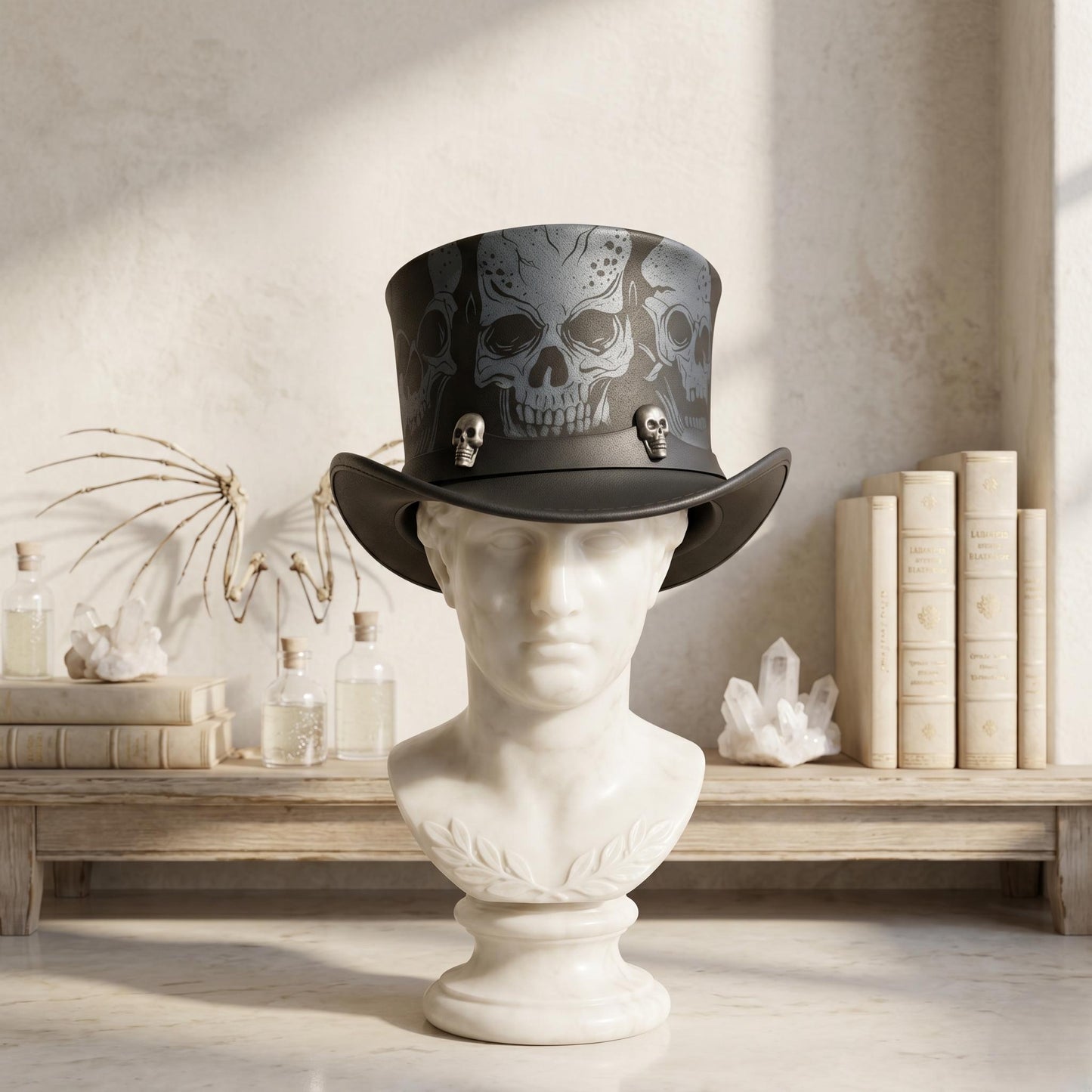 Dark Vintage Leather Skull Top Hat – Gothic Steampunk Headwear