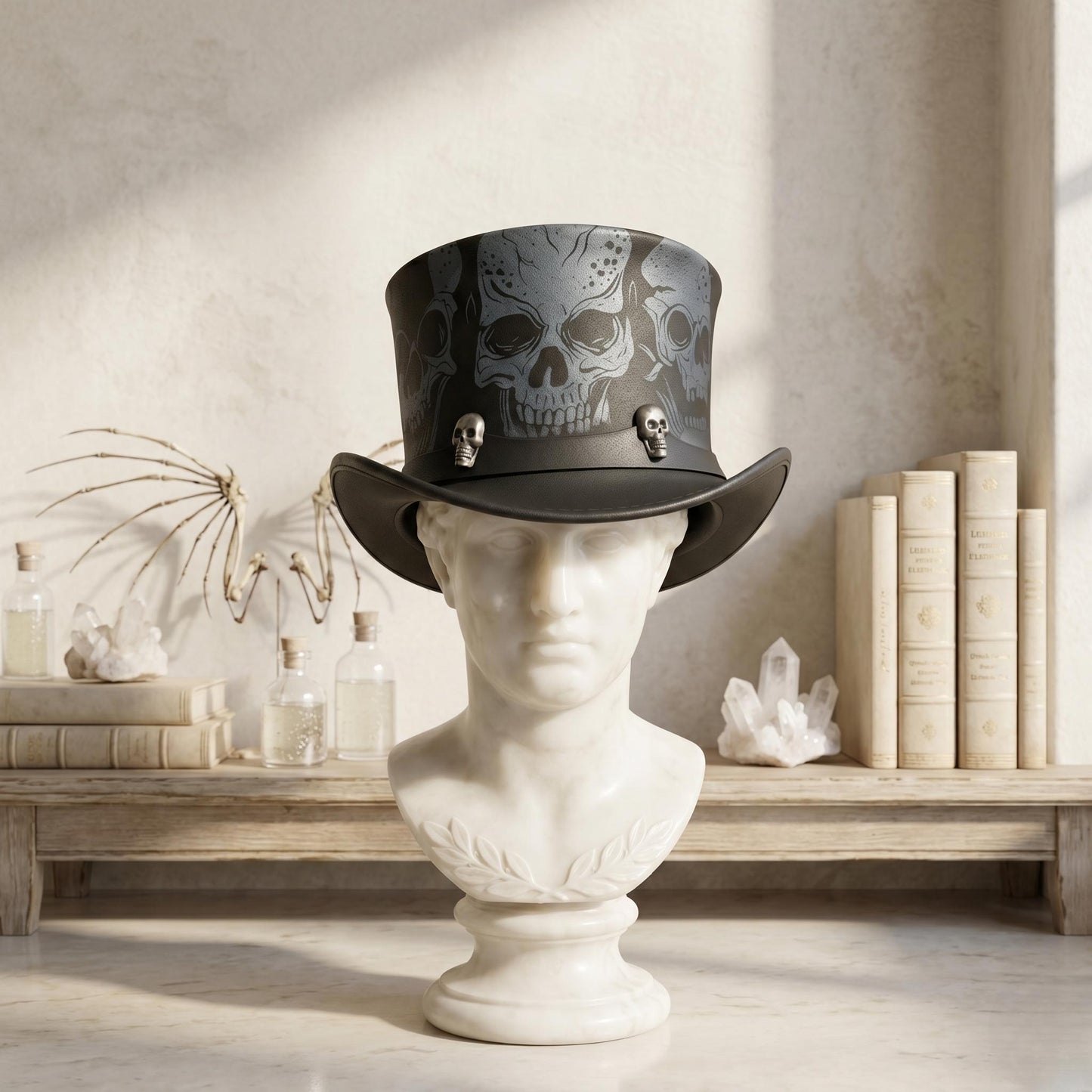 Dark Vintage Leather Skull Top Hat – Gothic Steampunk Headwear