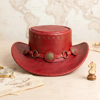 Handmade Red Leather Top Hat – Steampunk & Western Statement Headwear