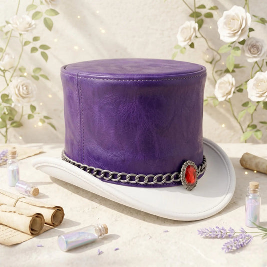 Purple & White Leather Steampunk Top Hat | Victorian Gothic Cosplay Accessory