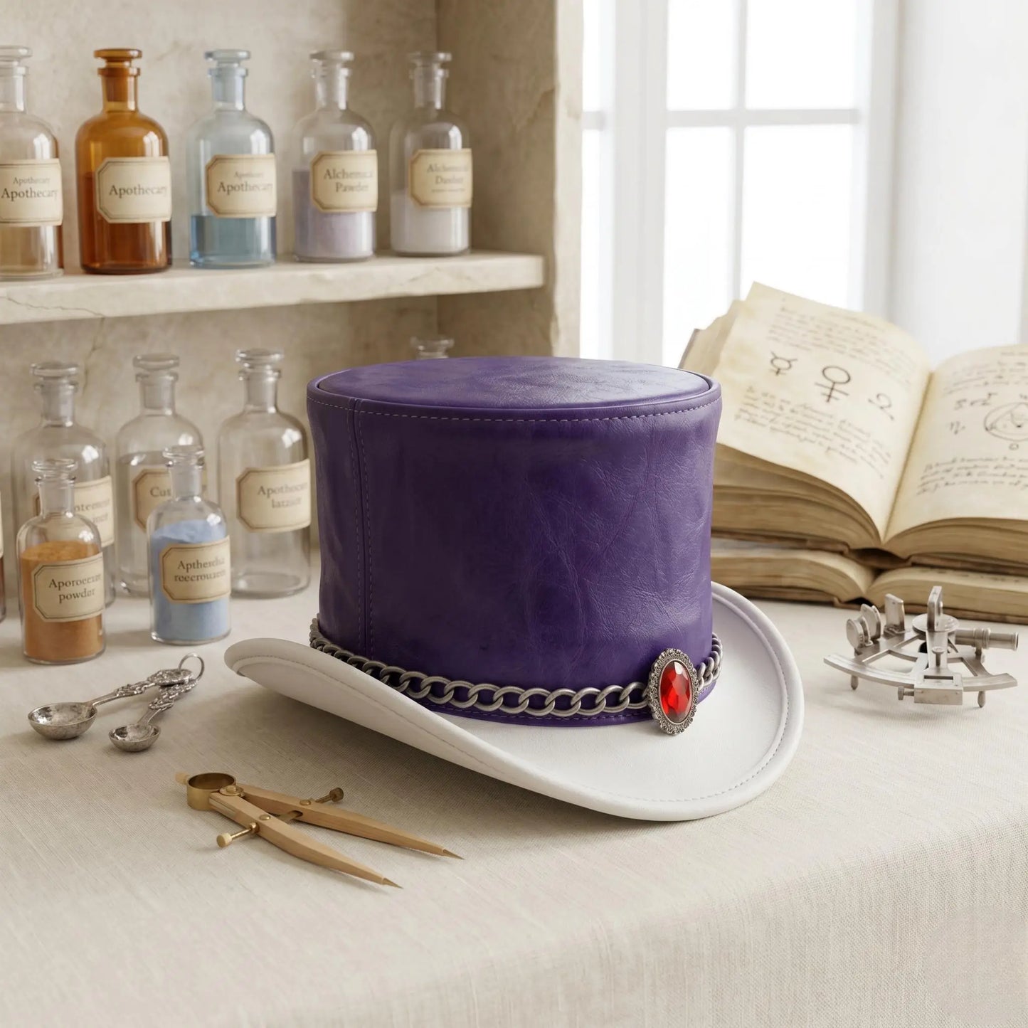 Purple & White Leather Steampunk Top Hat | Victorian Gothic Cosplay Accessory
