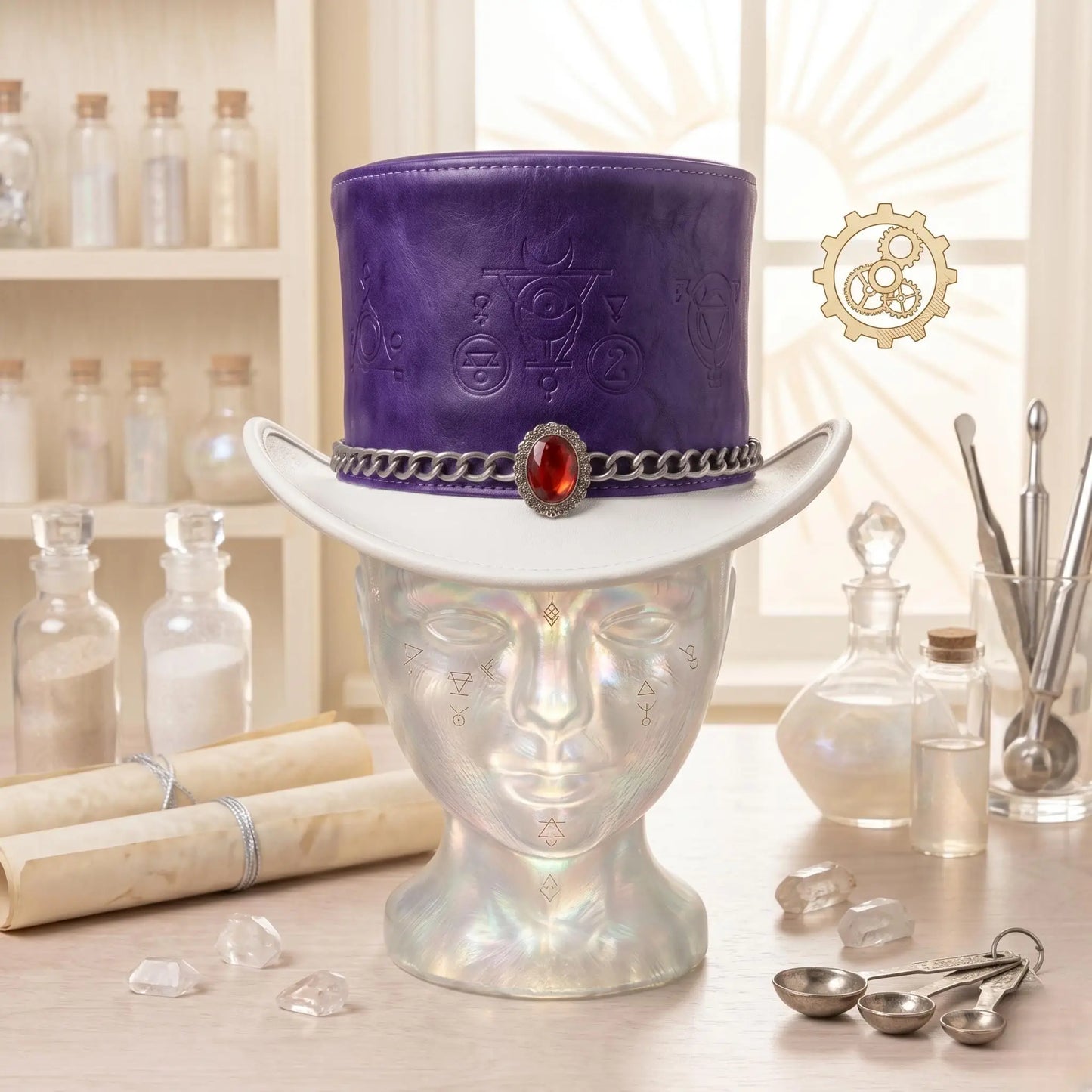 Purple & White Leather Steampunk Top Hat | Victorian Gothic Cosplay Accessory