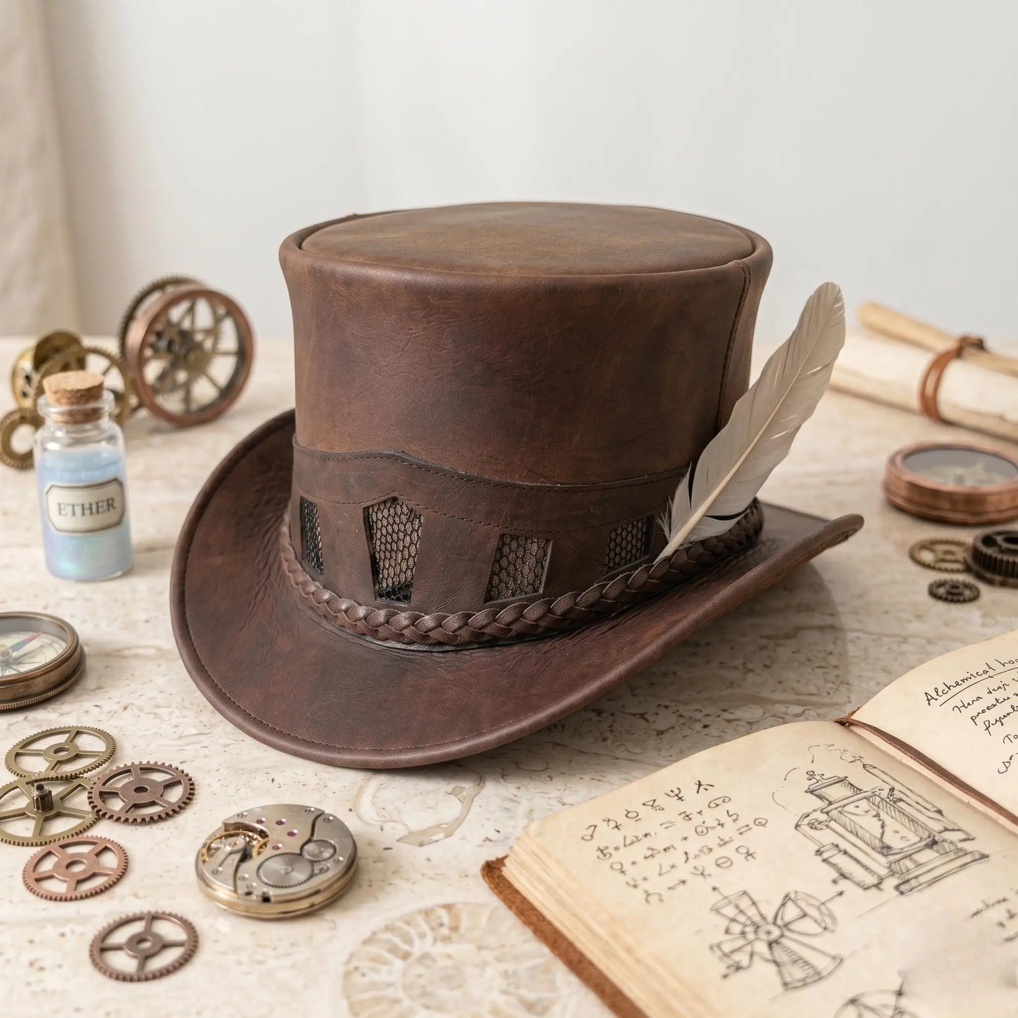 Brown Leather Steampunk Top Hat – Victorian Gothic Cosplay & Festival Wear