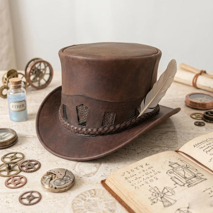 Brown Leather Steampunk Top Hat – Victorian Gothic Cosplay & Festival Wear