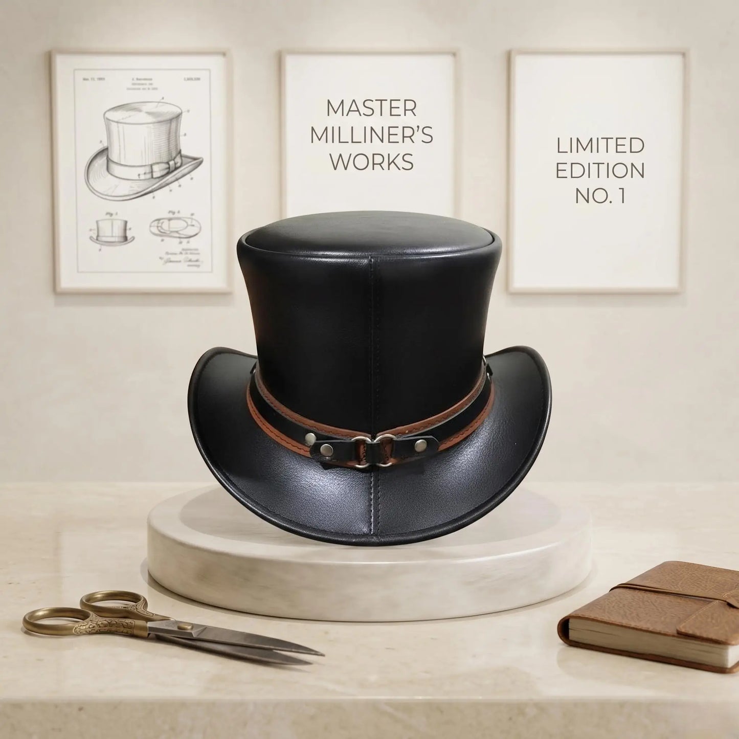 Handmade Black Leather Top Hat | Steampunk, Gothic & Victorian Festival Accessory