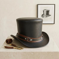Handmade Black Leather Top Hat | Steampunk, Gothic & Victorian Festival Accessory