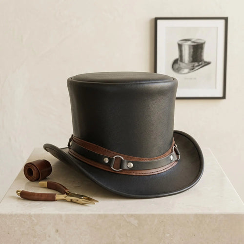 Handmade Black Leather Top Hat | Steampunk, Gothic & Victorian Festival Accessory