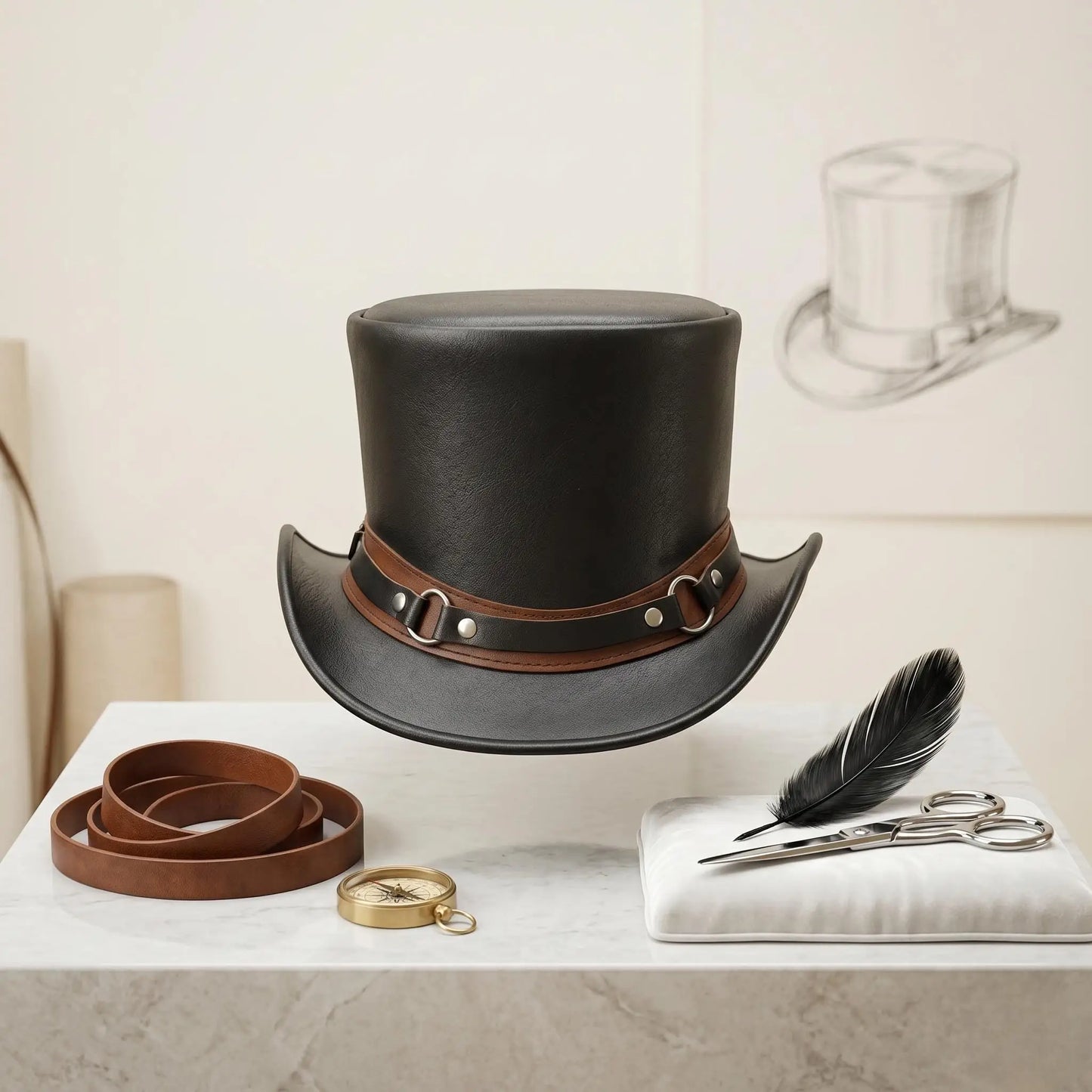 Handmade Black Leather Top Hat | Steampunk, Gothic & Victorian Festival Accessory