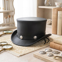 Handmade Black Leather Steampunk Top Hat | Victorian Gothic Statement Hat
