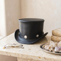 Handmade Black Leather Steampunk Top Hat | Victorian Gothic Statement Hat