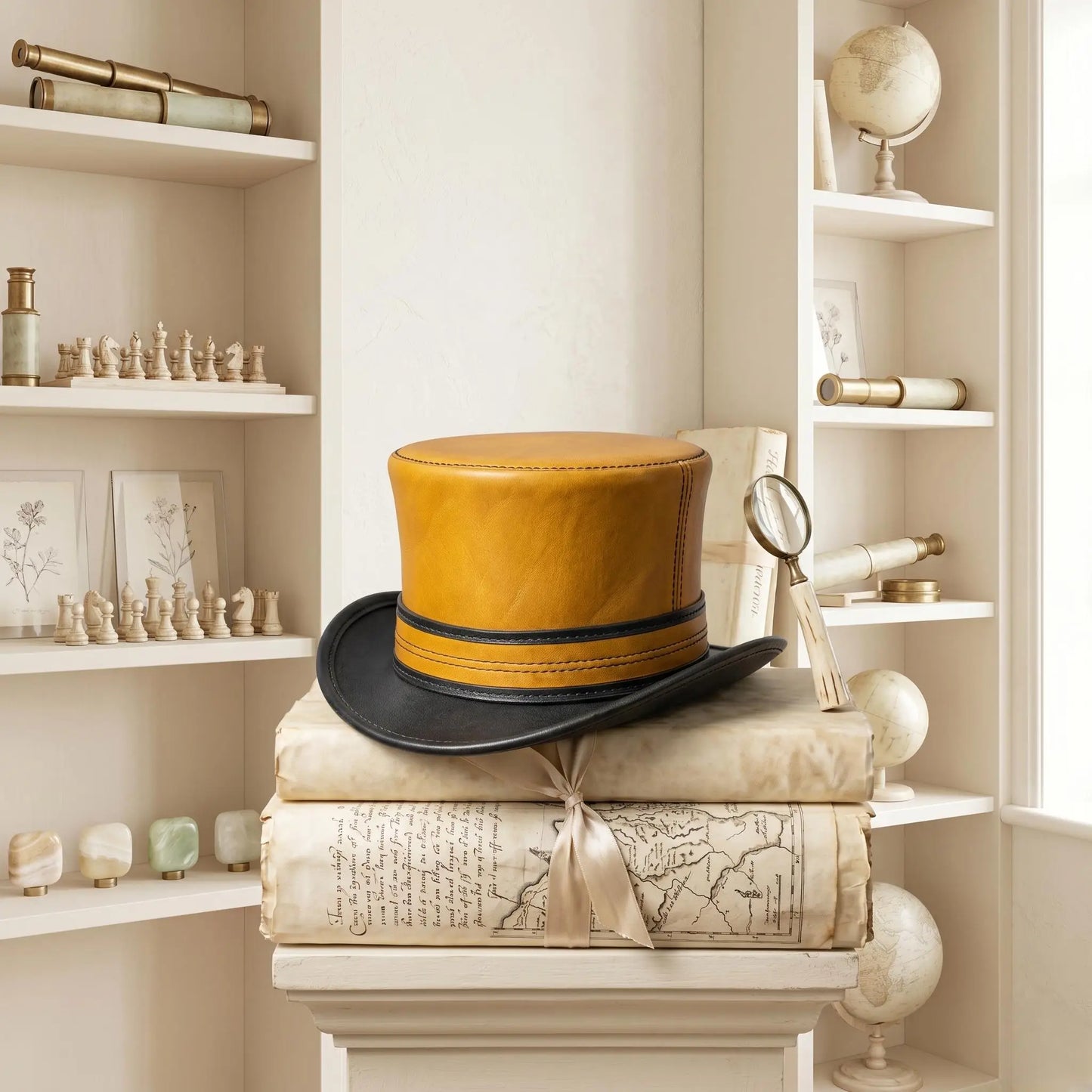 Handmade Yellow & Black Leather Steampunk Top Hat | Victorian Gothic Cosplay Accessory