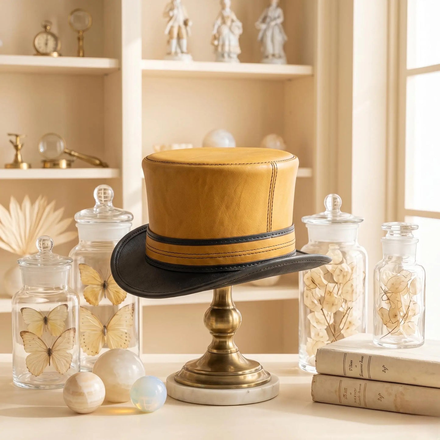 Handmade Yellow & Black Leather Steampunk Top Hat | Victorian Gothic Cosplay Accessory