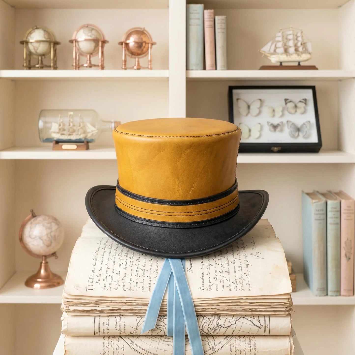 Handmade Yellow & Black Leather Steampunk Top Hat | Victorian Gothic Cosplay Accessory