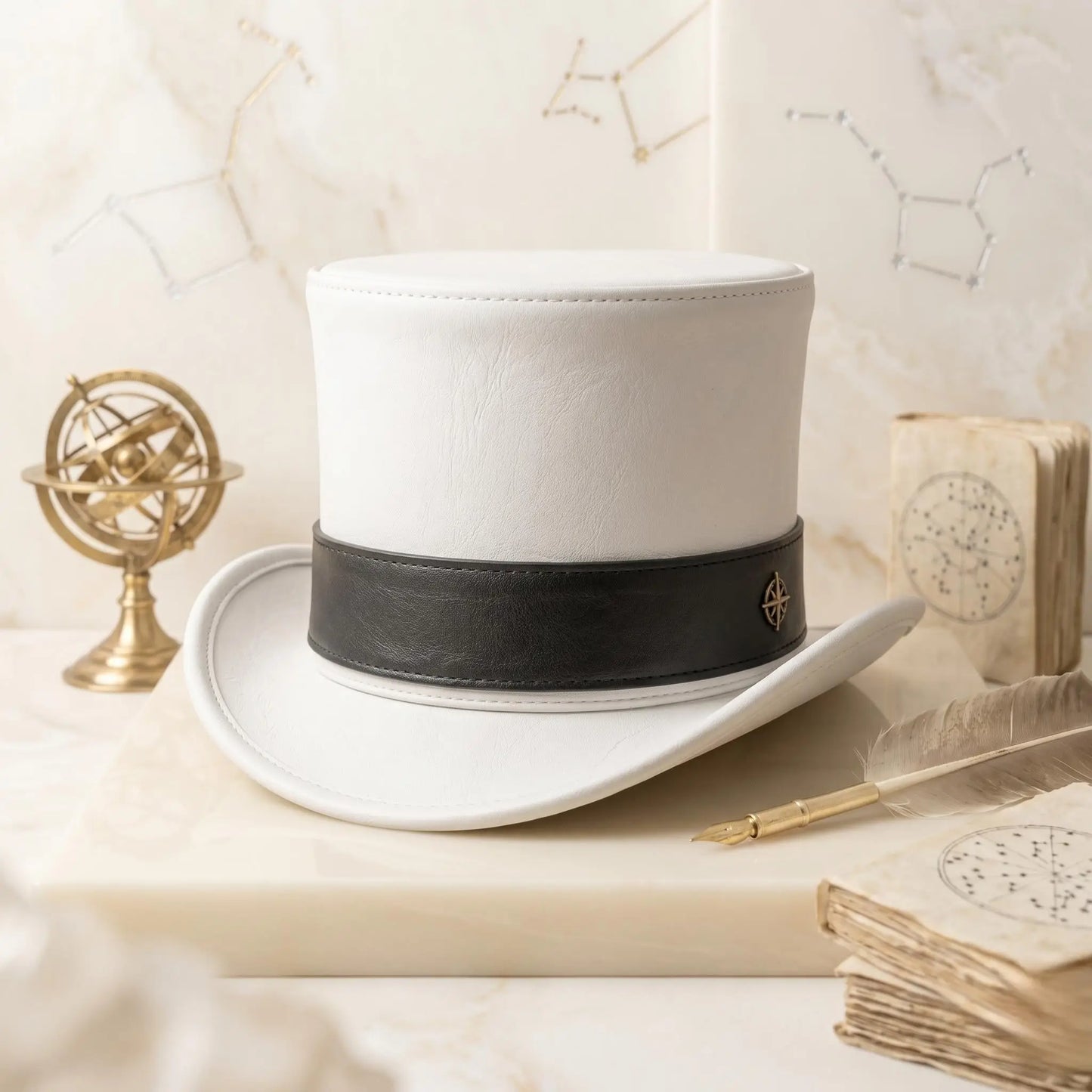Handmade White Leather Top Hat – Victorian & Steampunk Statement Headwear