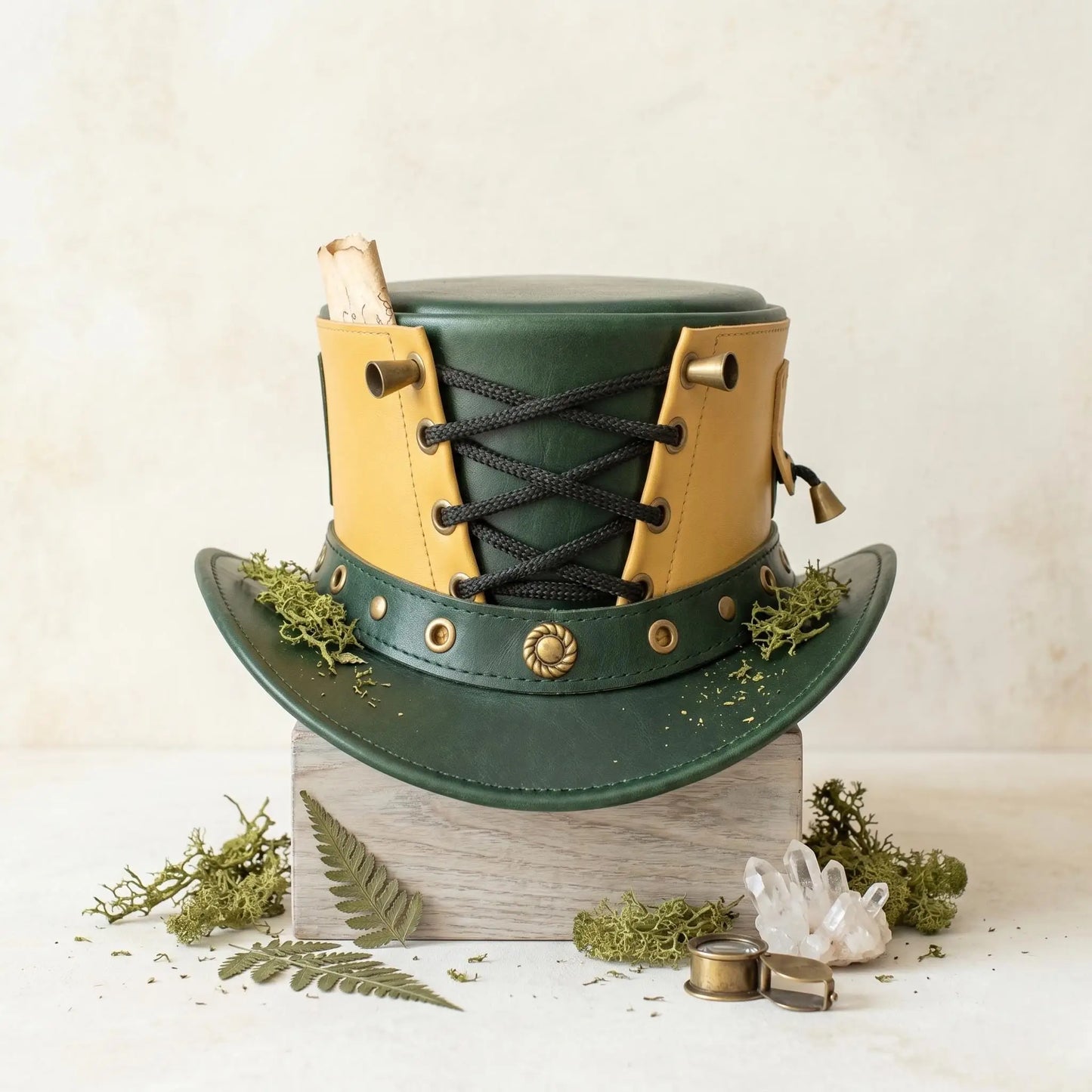 Handmade Green Leather Steampunk Top Hat | Victorian Gothic Festival Headwear