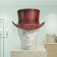 Handmade Distressed Red Leather Top Hat – Gothic Steampunk Victorian Cosplay Cap
