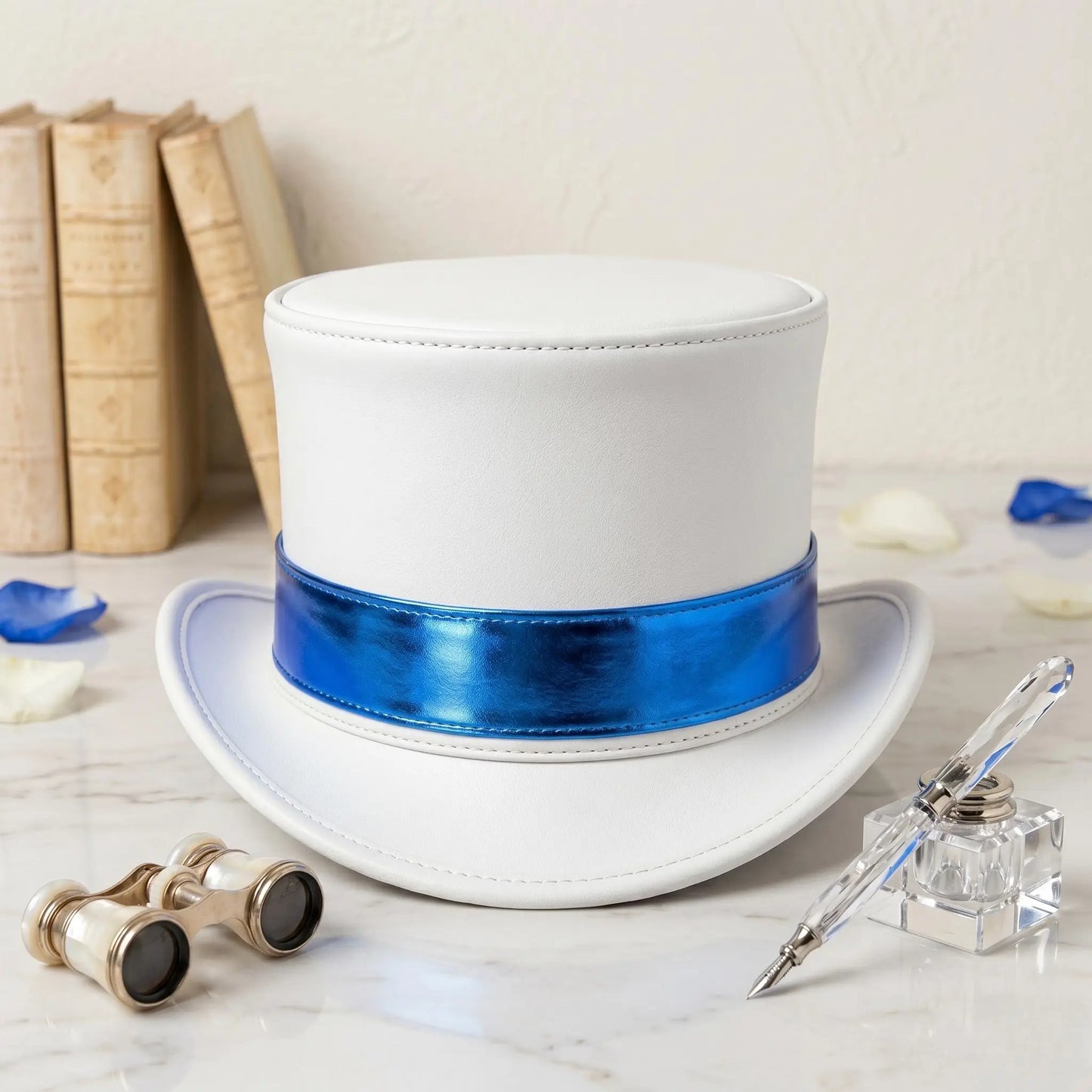 Handmade White Leather Top Hat with Metallic Blue Band
