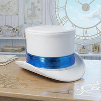 Handmade White Leather Top Hat with Metallic Blue Band