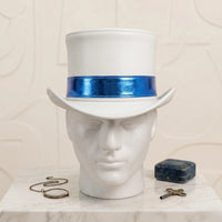 Handmade White Leather Top Hat with Metallic Blue Band
