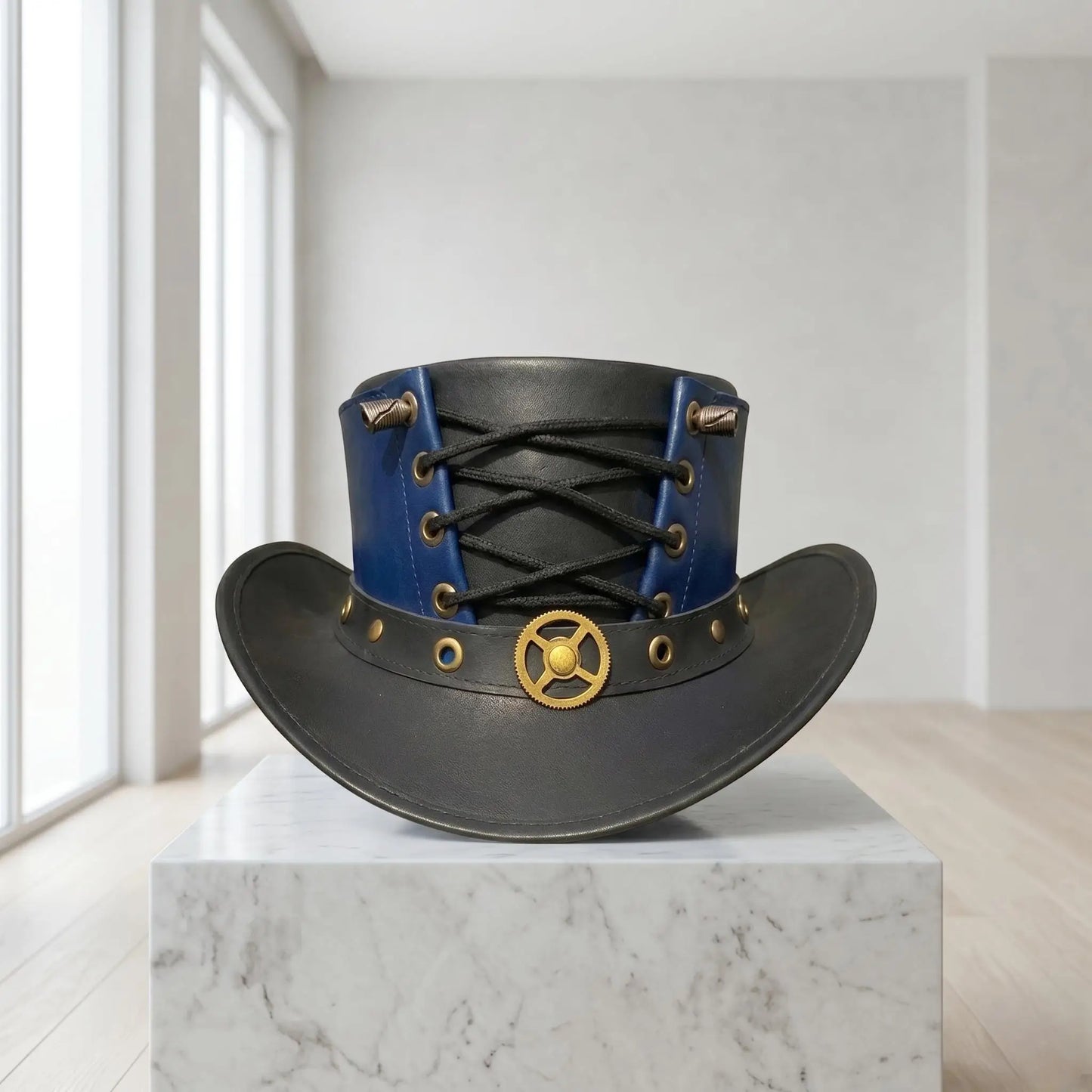 Handmade Leather Steampunk Blue & Black Victorian Gothic Cosplay Top Hat with Corset Lace-Up