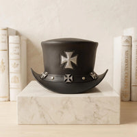 Handmade Black Leather Steampunk Top Hat – Gothic Iron Cross Biker Cap