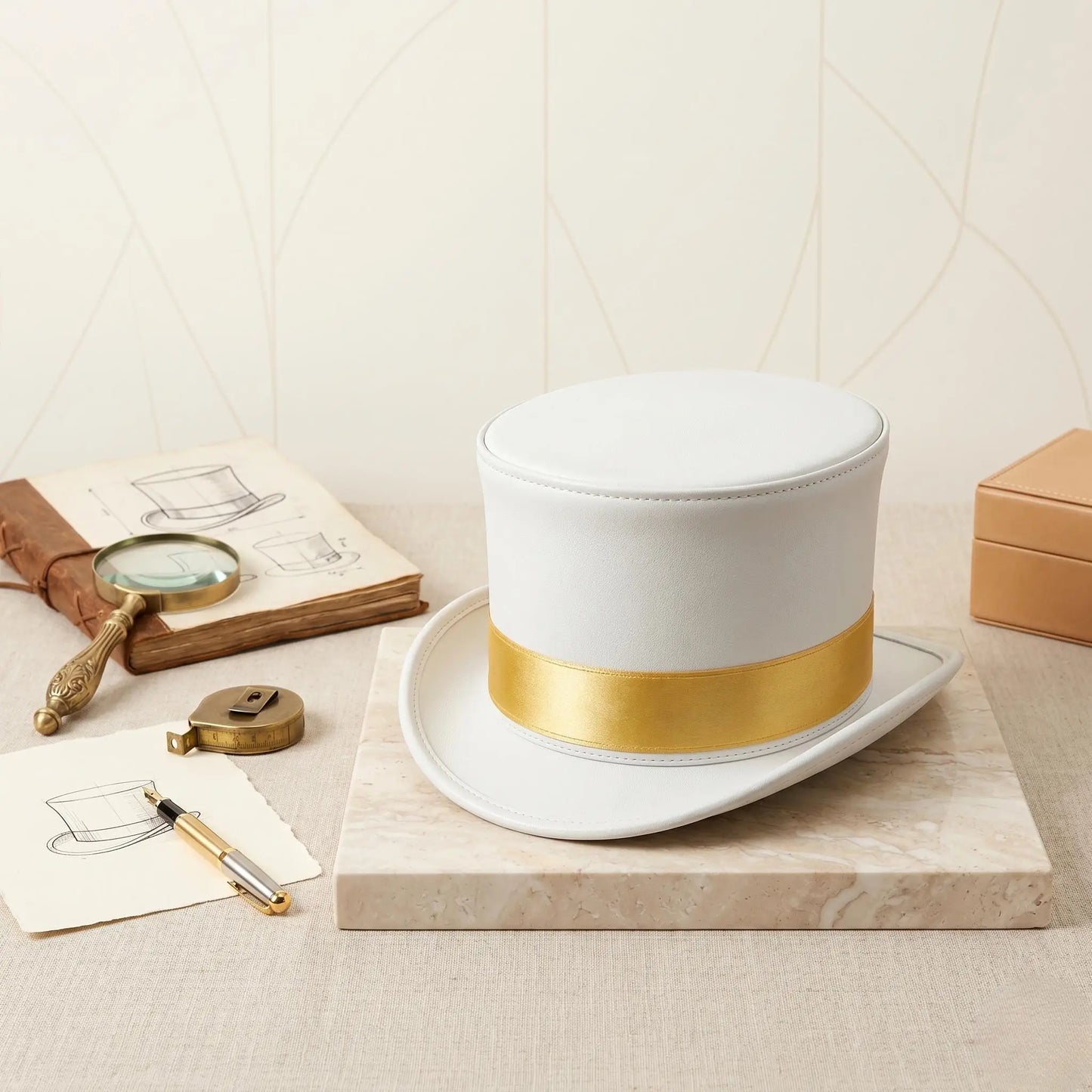 Handmade White Leather & Gold Steampunk Top Hat | Victorian Gothic Cosplay Accessory