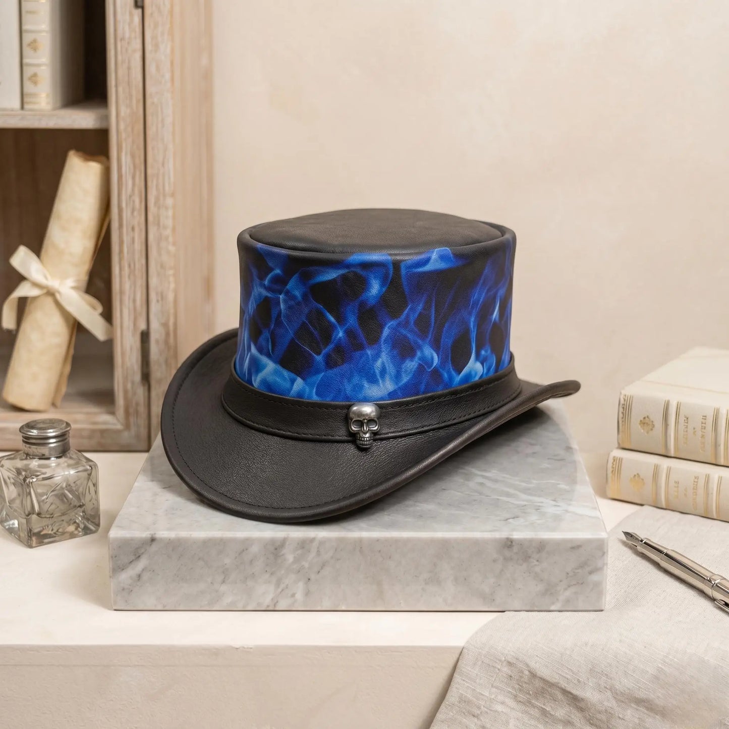 Handmade Black & Blue Leather Steampunk Top Hat with Skull Flame Detail