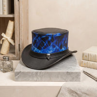 Handmade Black & Blue Leather Steampunk Top Hat with Skull Flame Detail