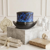 Handmade Black & Blue Leather Steampunk Top Hat with Skull Flame Detail