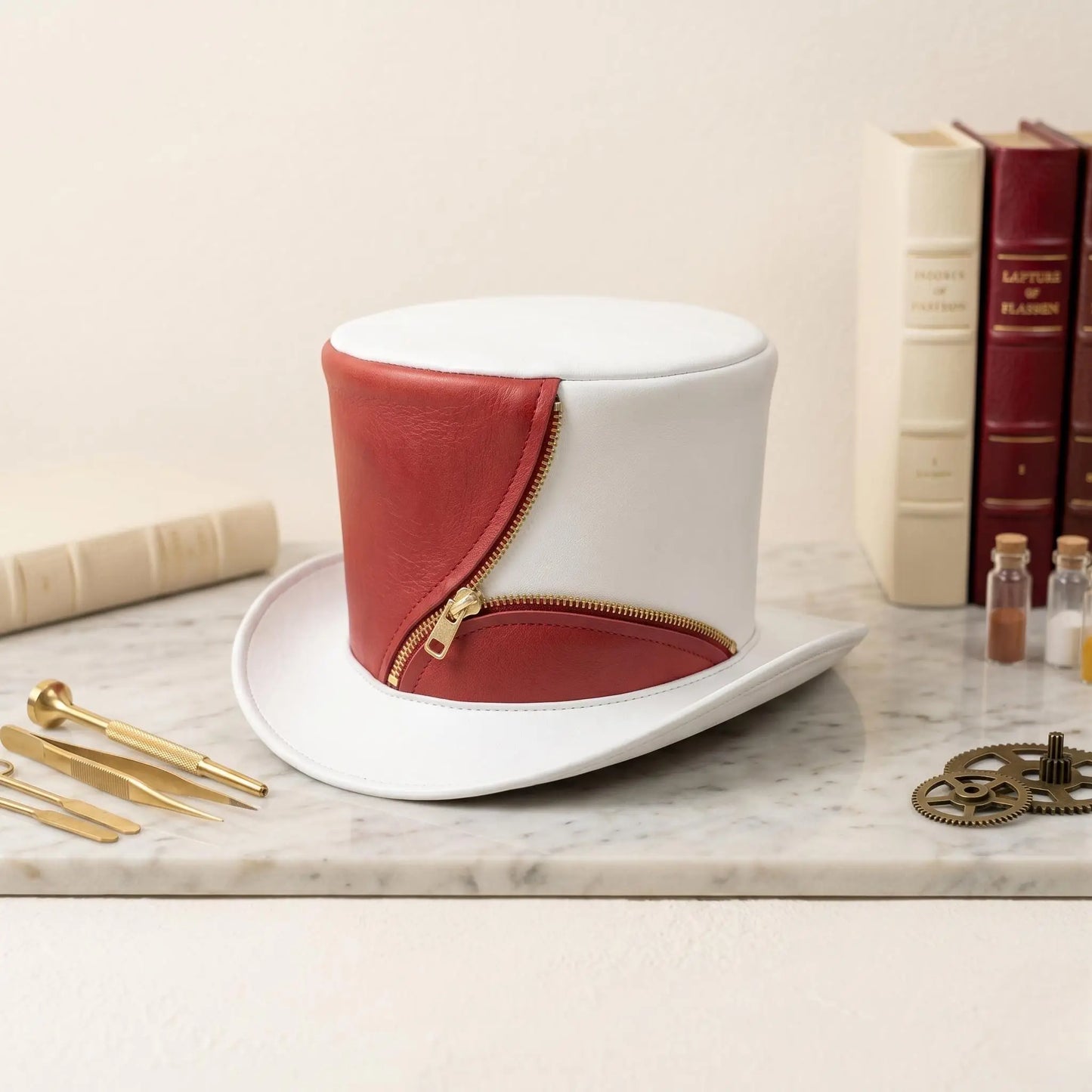 Handmade Red & White Leather Steampunk Top Hat