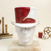 Handmade Red & White Leather Steampunk Top Hat
