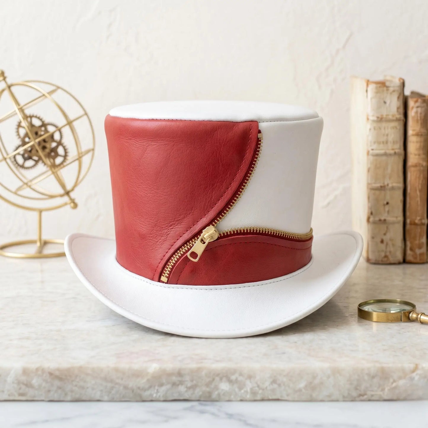 Handmade Red & White Leather Steampunk Top Hat