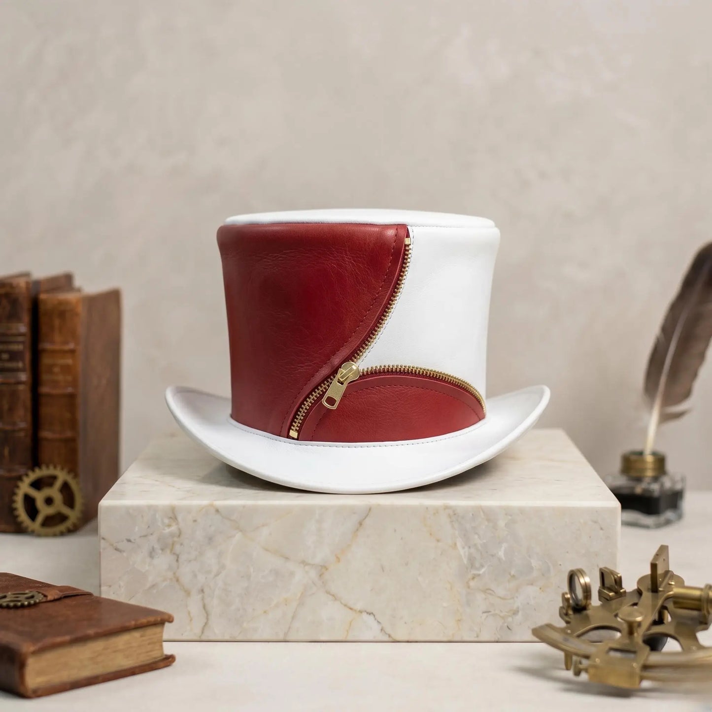 Handmade Red & White Leather Steampunk Top Hat