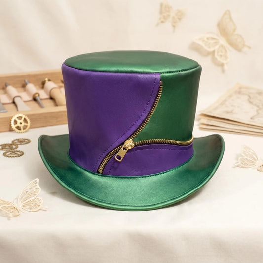 Handmade Purple & Green Leather Top Hat | Steampunk Gothic Festival Wear