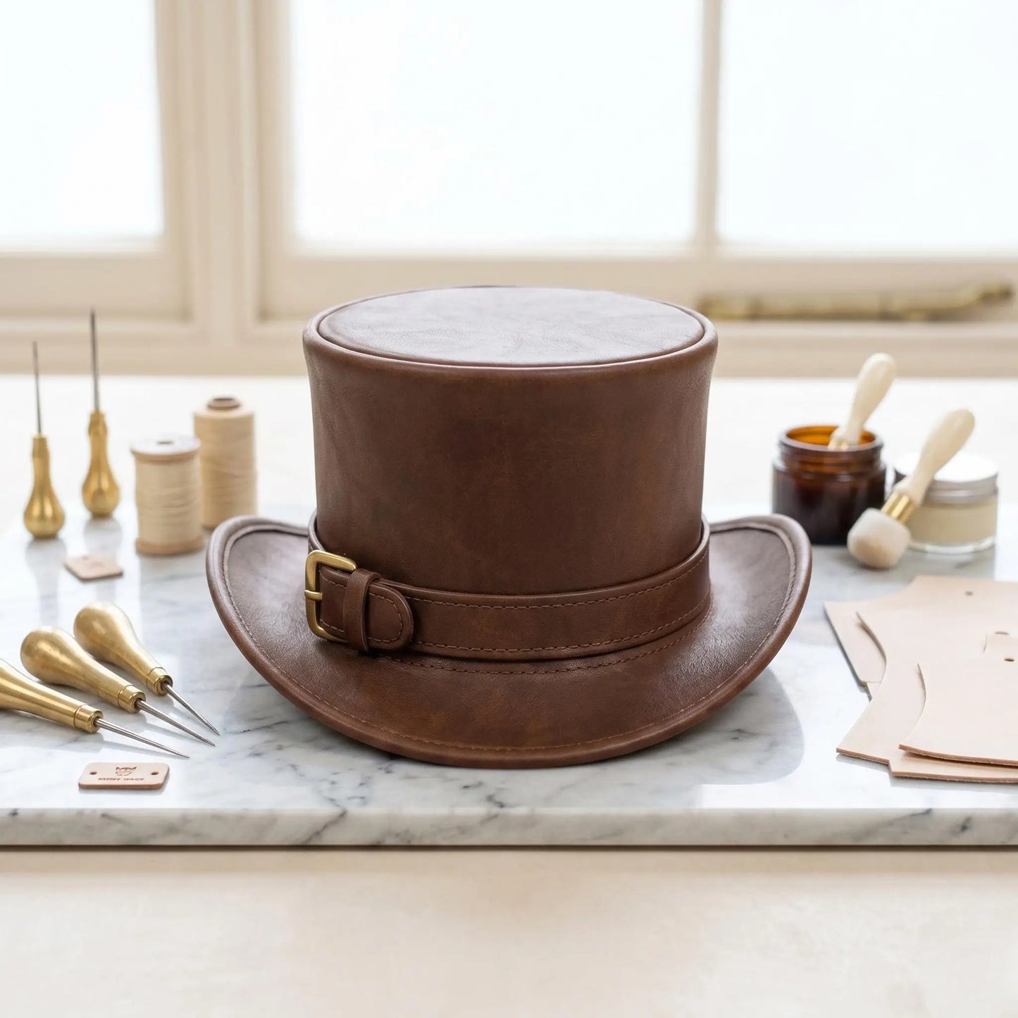 Handmade Steampunk Brown Leather Top Hat | Vintage Gothic Festival Style