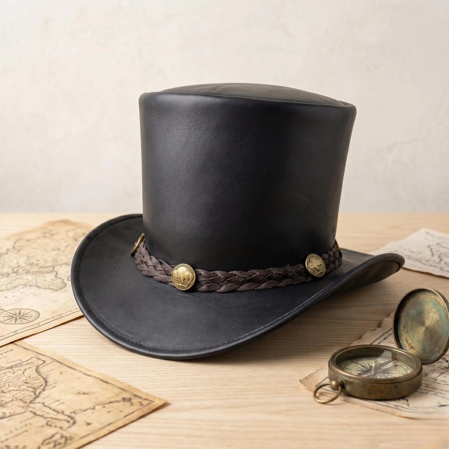 Handcrafted Leather Top Hat – Victorian Steampunk Edition with Braided Band