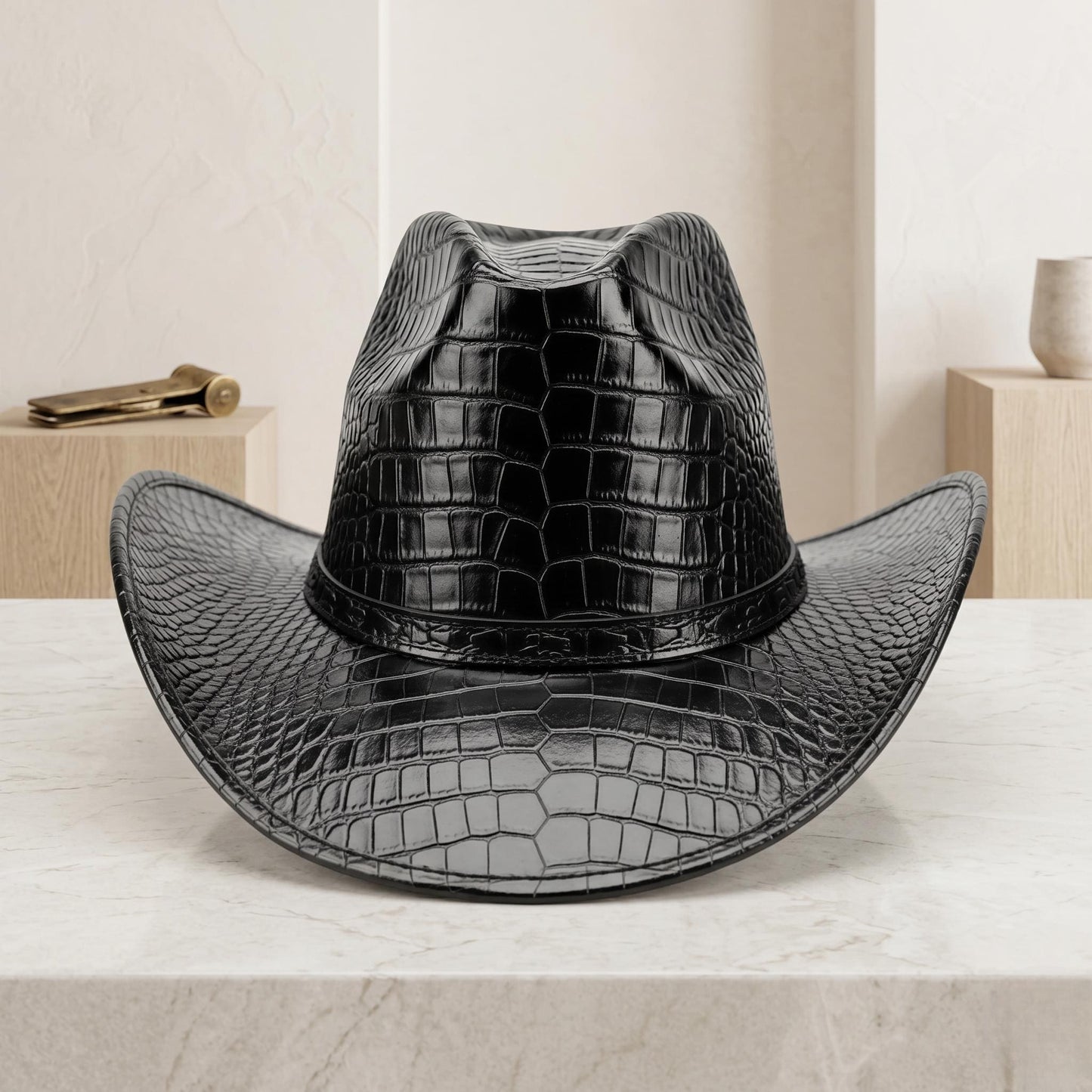 Black Crocodile Embossed Leather Cowboy Hat – Exotic Western Style Headwear
