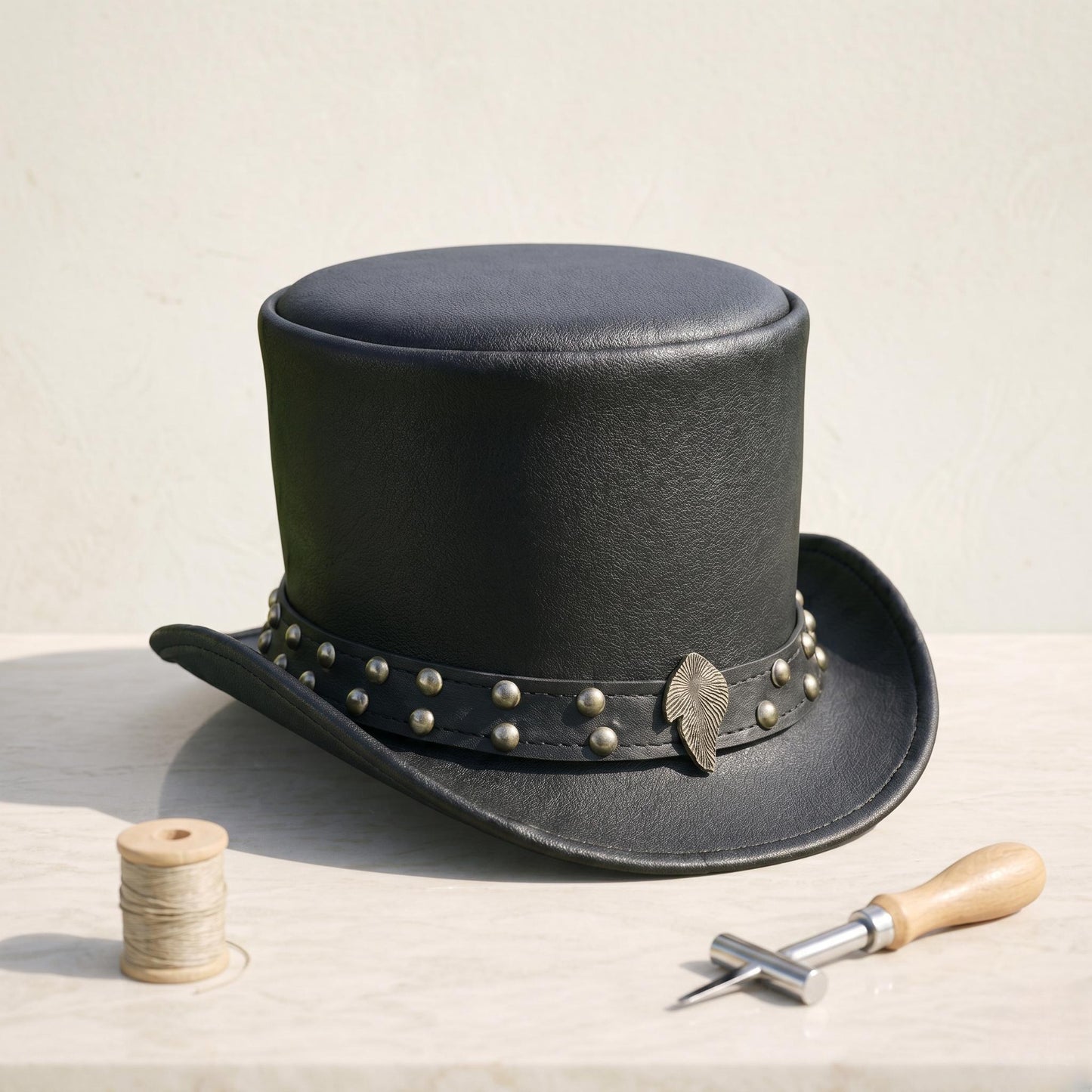 Handcrafted Steampunk Leather Top Hat – Distressed Gothic Statement Headwear