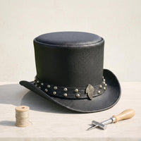 Handcrafted Steampunk Leather Top Hat – Distressed Gothic Statement Headwear