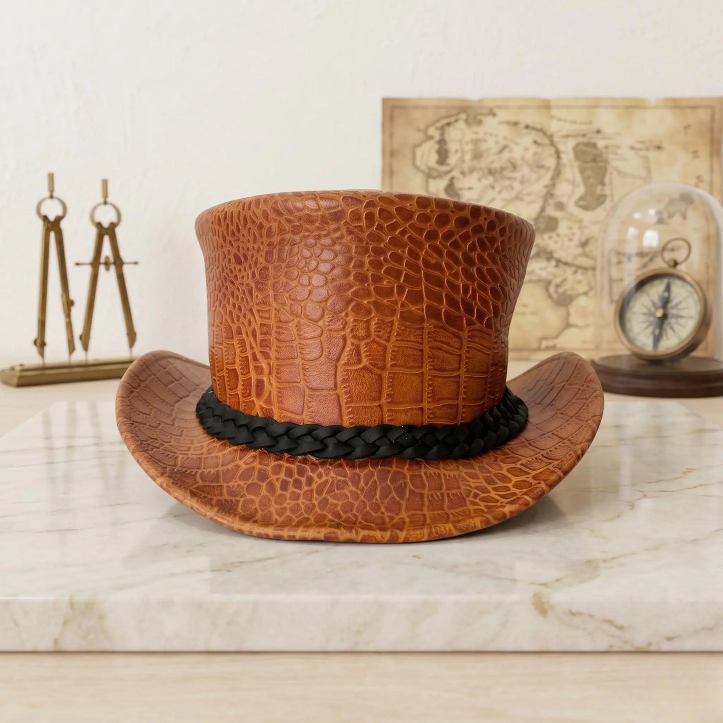 Brown Croc-Embossed Leather Top Hat – Steampunk, Gothic, Festival Wear
