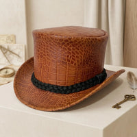 Brown Croc-Embossed Leather Top Hat – Steampunk, Gothic, Festival Wear