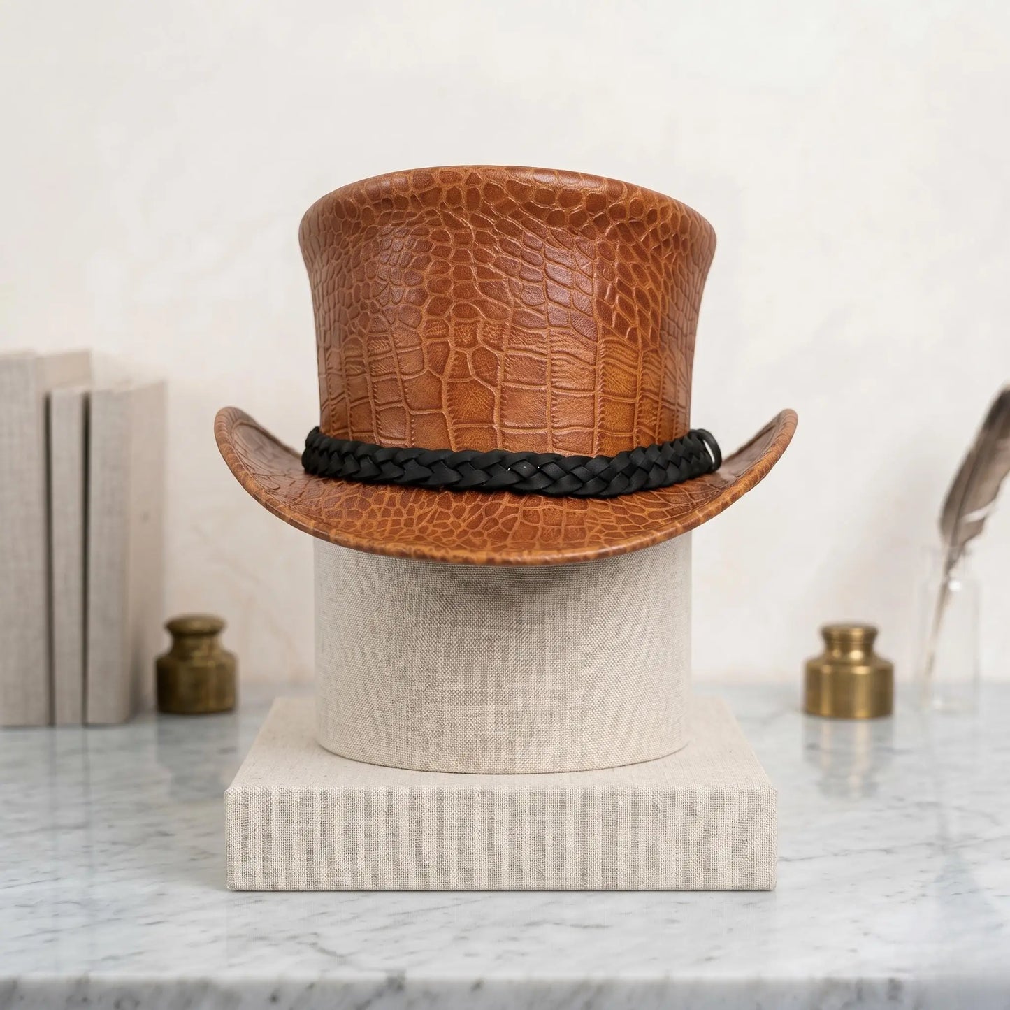 Brown Croc-Embossed Leather Top Hat – Steampunk, Gothic, Festival Wear