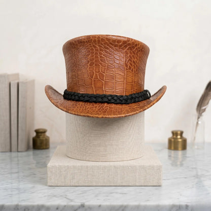 Brown Croc-Embossed Leather Top Hat – Steampunk, Gothic, Festival Wear
