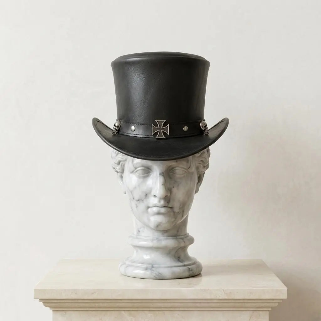 Gothic Leather Top Hat with Skull & Cross Band