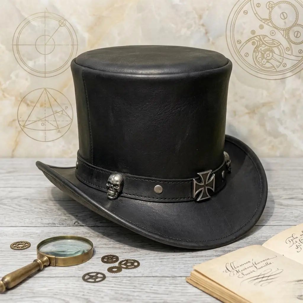 Gothic Leather Top Hat with Skull & Cross Band