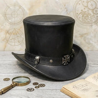 Gothic Leather Top Hat with Skull & Cross Band