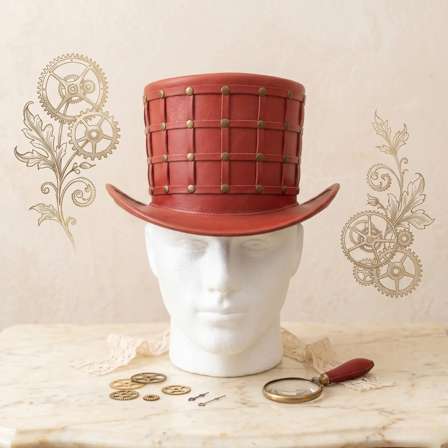 Handmade Red Leather Steampunk Top Hat – Gothic Victorian Festival & Cosplay Headwear