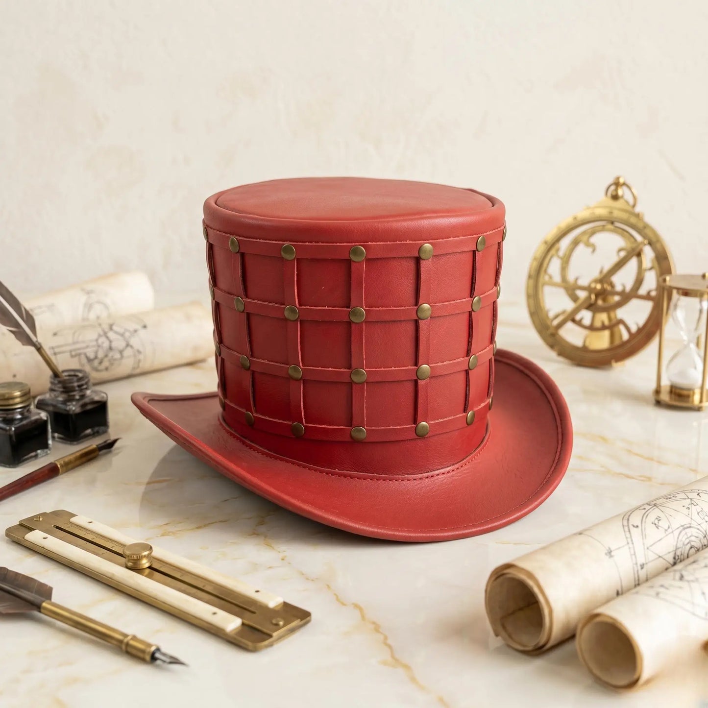 Handmade Red Leather Steampunk Top Hat – Gothic Victorian Festival & Cosplay Headwear